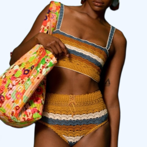 Carolina K Anthropologie Crochet Striped Sm Blue White Bandeau Tank & High Waist - Picture 15 of 15